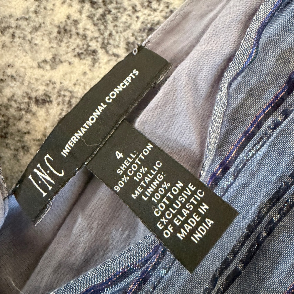INC Midi Shimmer Dress‎ Womens Blue Purple Striped Smocked Waist Metallic Slit - Picture 8 of 11